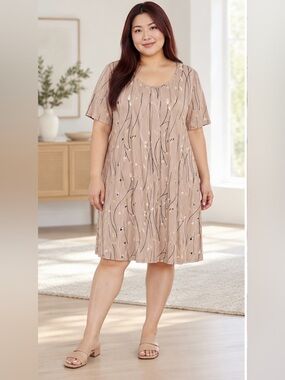 SHEIN Taupe Botanical Print Short Sleeve Dress  with Side Pockets – 1XL - NWOT